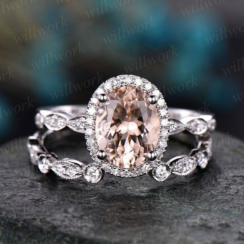 Morganit Verlobungsring Set Handgemacht Massiv 14K Weißgold Ring Unter Heiligenschein Offener Diamant Band 7x9 Ovalschliff Edelstein Brautring von willwork