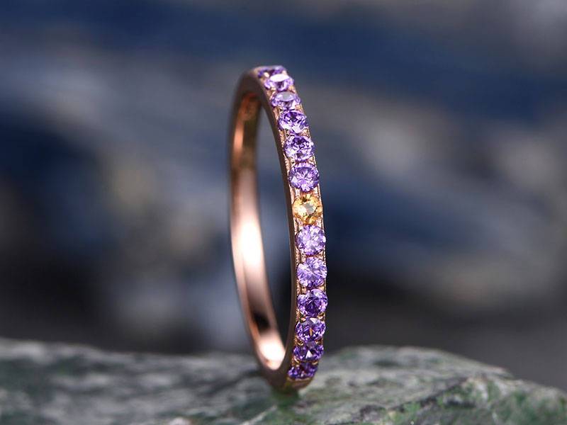 Natürliche 2mm Runde Amethyst Ehering Mit Zentrum Citrine-Solide 14 K Rose Gold-Handgemachte Einzigartige Ring-Halbeternity-Matching Band-Birthstone von willwork