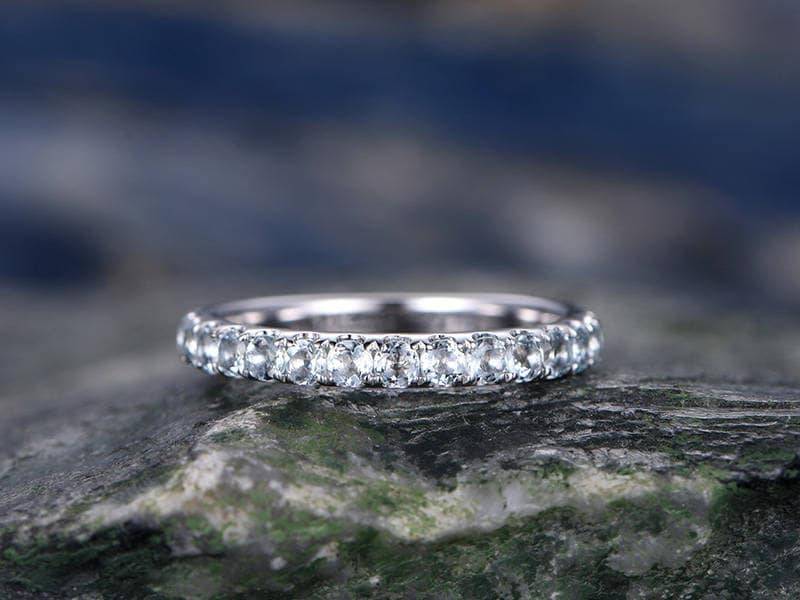 Natürliche Aquamarin Verlobung Ring-Solid 14 K Weißgold Hochzeit Band-Halbe Ewigkeit Stapeln Passende Band-Runde Edelstein Versprechen Ring von willwork