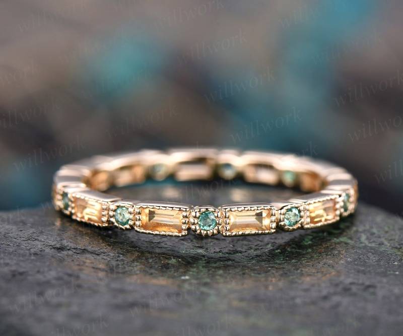 Natürliche Citrin Hochzeit Band Natürliche Smaragd Ring Massiv 14K Gelbgold Unikat Voll Eternity Passenden Verlobungsring von willwork