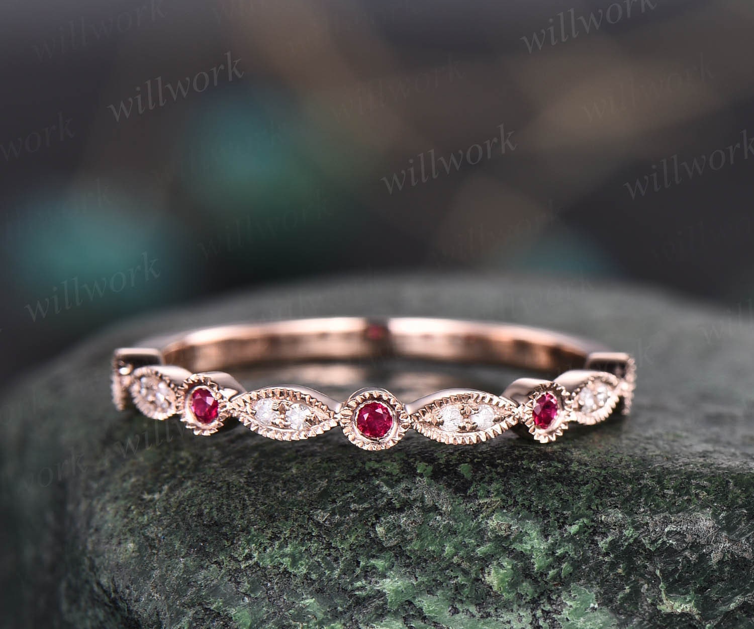 Natürliches Rubin Ehering Halb Ewigkeit Diamant Band 14K Rosegold Art Deco Marquise Milgrain Brautring von willwork