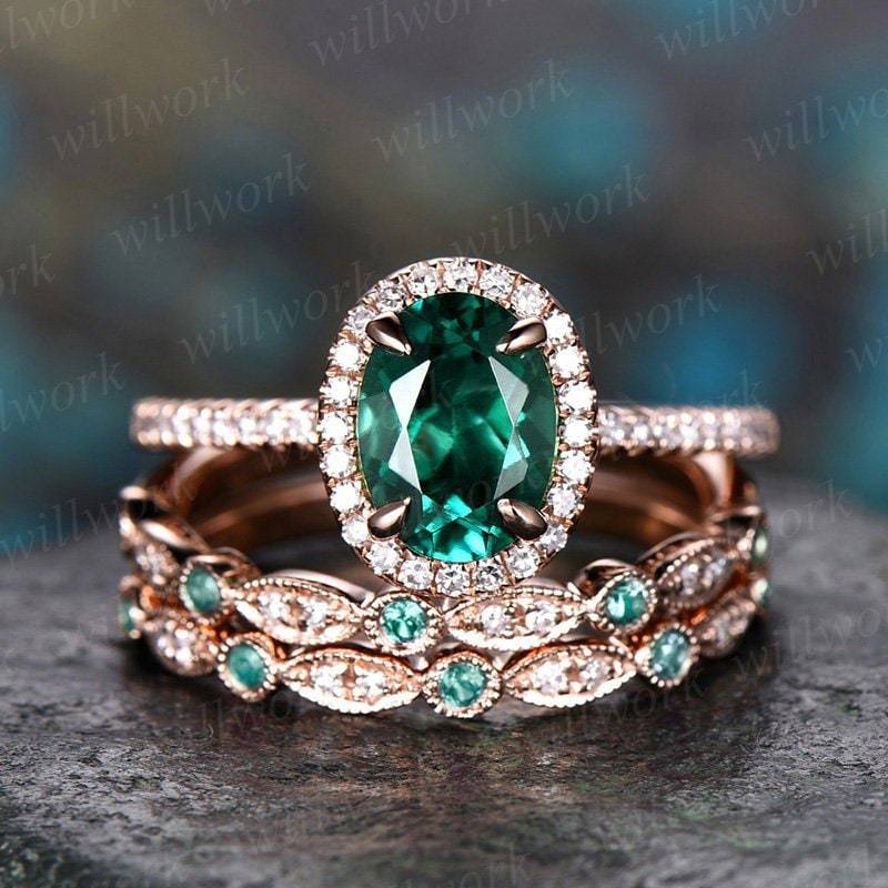 Nur Der Smaragd Verlobungsring 14K Roségold 1Pc Smaragdring Vintage Echter Diamantring Einzigartiger Heiligenschein Kann Geburtsstein Versprechen von willwork