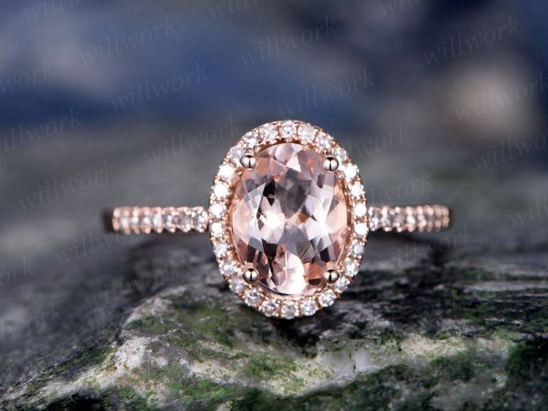 Oval Morganit Ring Verlobungsring 14K Roségold Echte Diamanten Halo Antike Unikat Halbe Ewigkeit Versprechen Braut Ehering von willwork