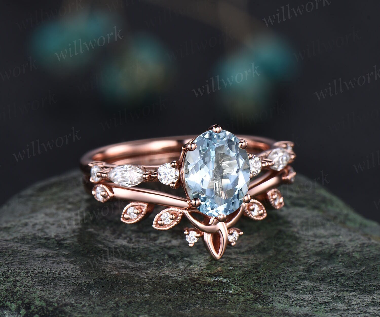 Ovaler Aquamarin Verlobungsring Set Rosegold Vintage Art Deco Alternative Einzigartiger Marquise Diamant Ehering Frauen von willwork