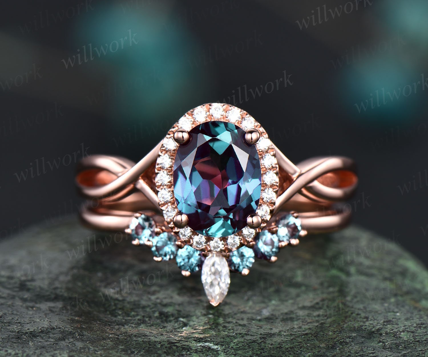 Ovalschliff Alexandrit Verlobungsring Set Heiligenschein Moissanite Ringset Vintage Rosegold Ehering Art Deco Brautring Custom Schmuck von willwork