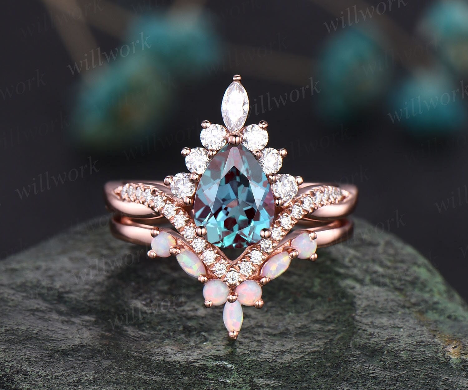 Pear Alexandrit Verlobungsring Set Halo Art Deco Infinity Rosegold Ring Opal Vintage Moissanit Ehering Geburtstag Geschenk von willwork