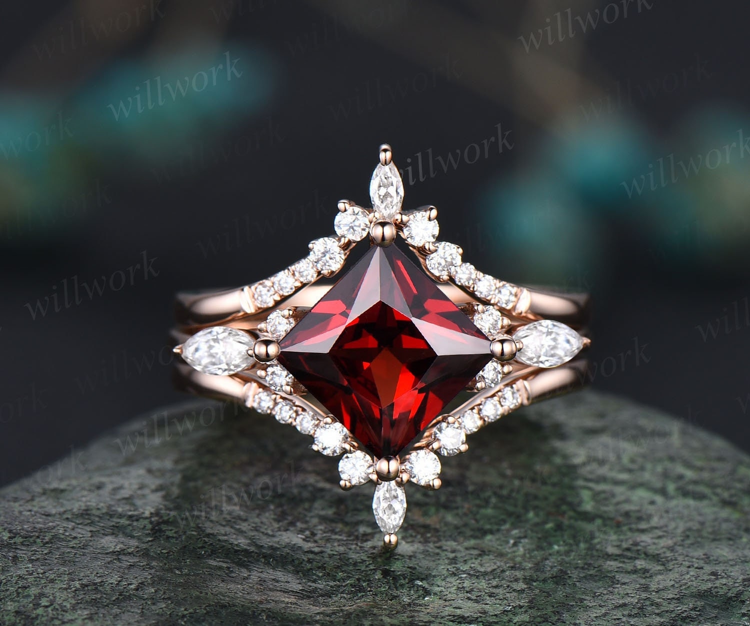 Princess Cut Granat Ring Vintage Rot Verlobungsring Set Rosegold Marquise Unikat Für Frauen Moissanite Versprechen von willwork