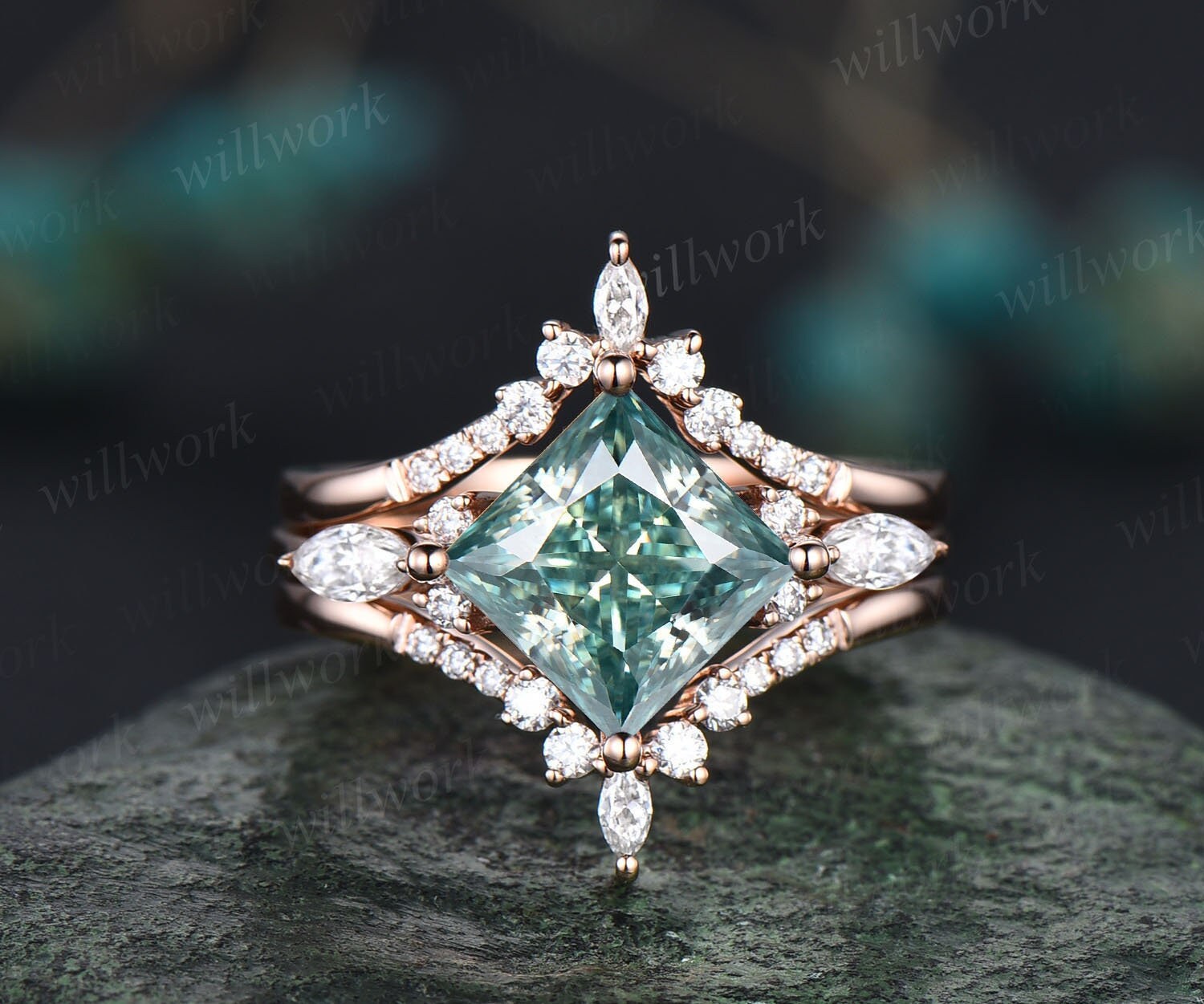 Princess Cut Grüner Moissanite Verlobungsring Set Rose Gold Vintage Unikat Frauen Marquise Versprechen Ring von willwork