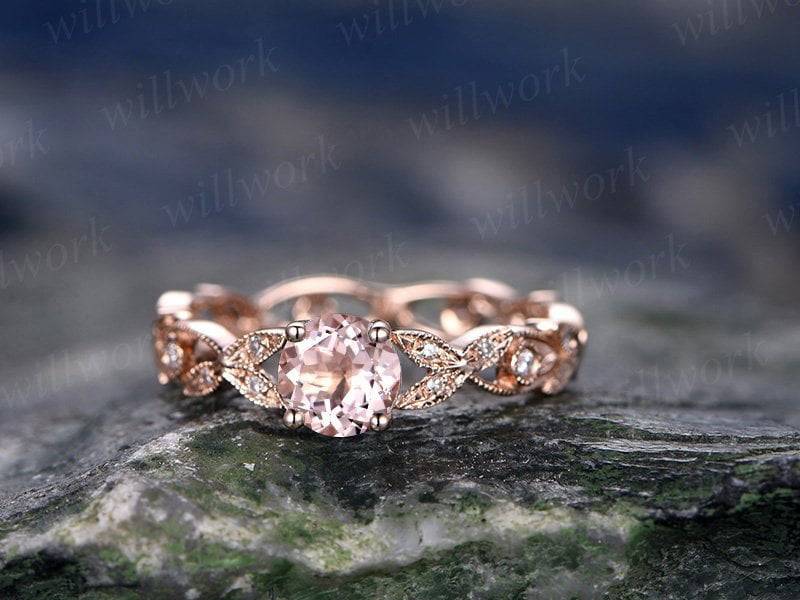 Rosa Morganit Verlobungsring-Solid 14 K Rose Gold-Handgemachte Volle Ewigkeit Diamant Ring-5mm Runde Geschnitten Edelstein Versprechen von willwork