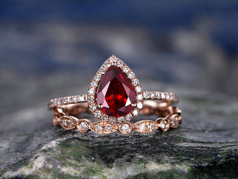 Rote Granat Verlobungring-Solid 14 K Rose Gold -Diamant Braut Ring Set-stacking Band-6x8mm Birne Geformt Geschnitten Edelstein Versprechen Für Sie von willwork