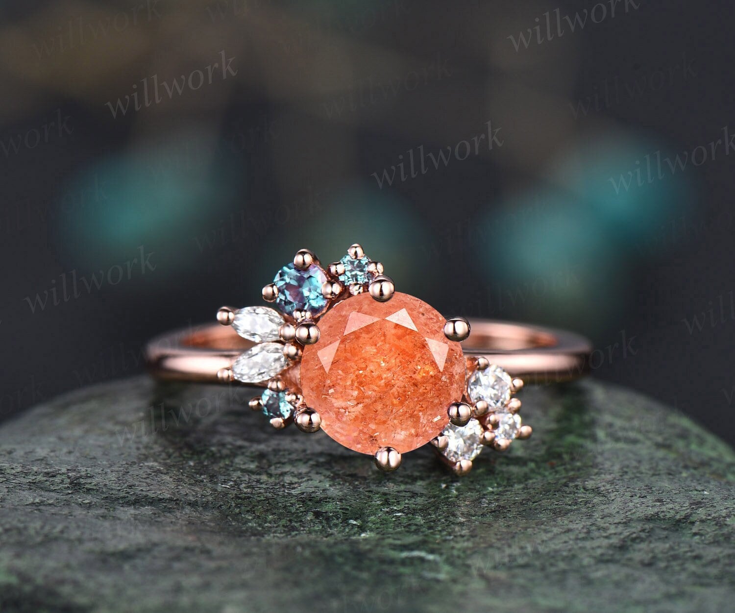 Rund Geschliffener Sonnenstein Ring Gold Vintage Verlobungsring Rosegold Unikat Cluster Marquiseschliff Diamantring Für Frauen von willwork