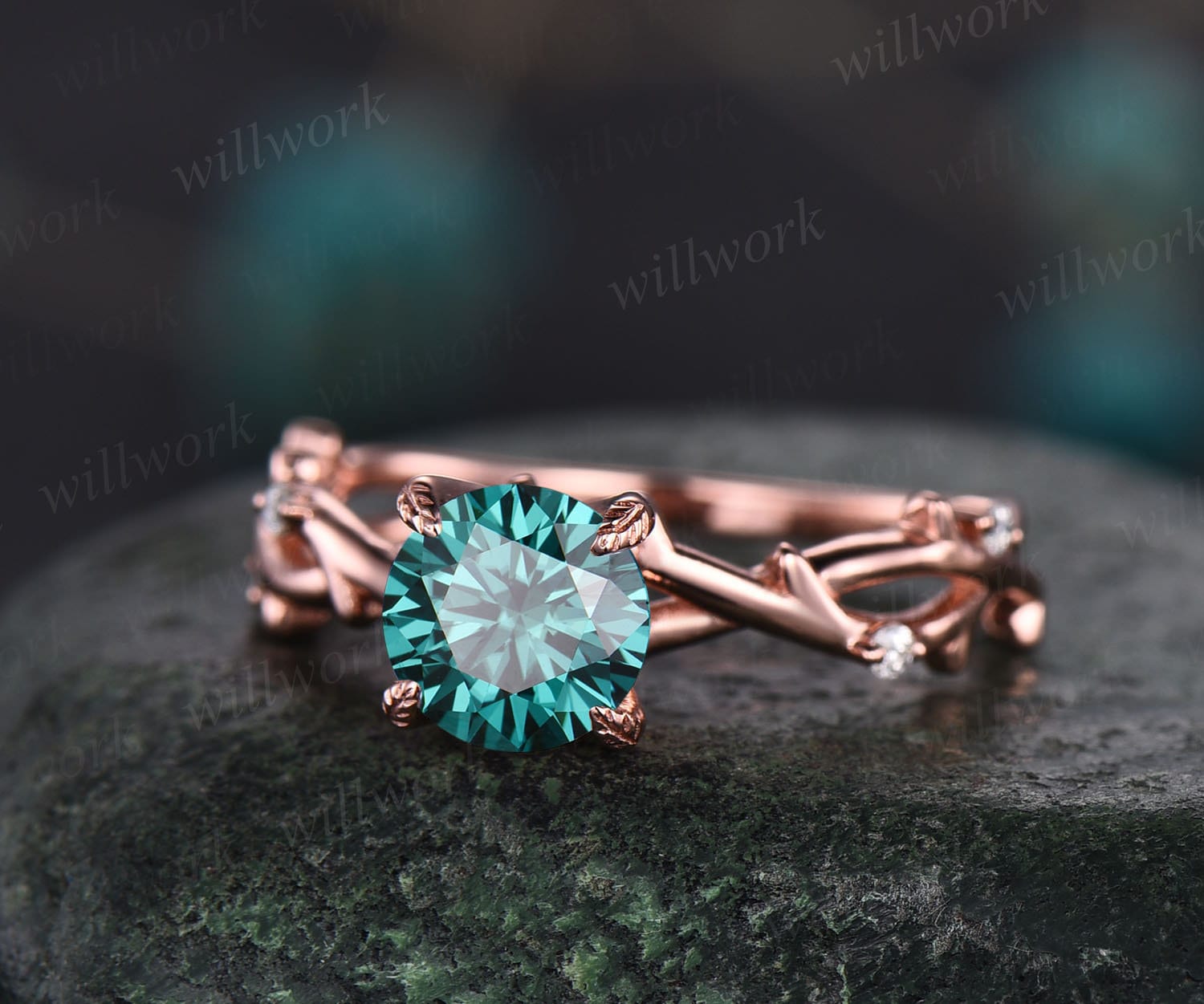 Runder Grüner Moissanit Verlobungsring Vintage Blatt Gedreht Diamant Ring Roségold Zierliche Custom Frauen Braut Jubiläum Versprechen von willwork