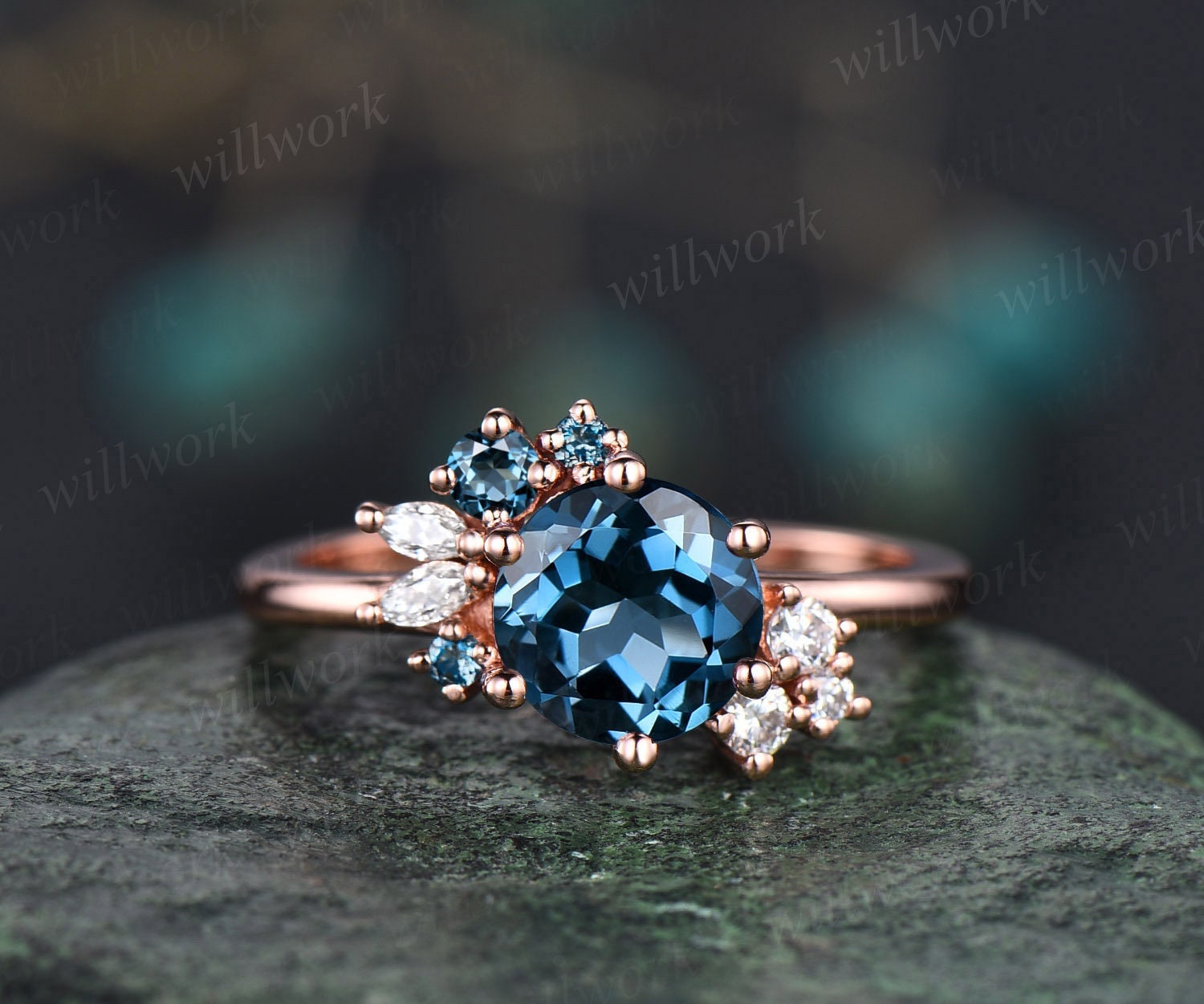 Rundschliff London Blau Topas Verlobungsring Roségold Unikat Cluster Art Deco Diamant Ring Moissanit Frauen von willwork