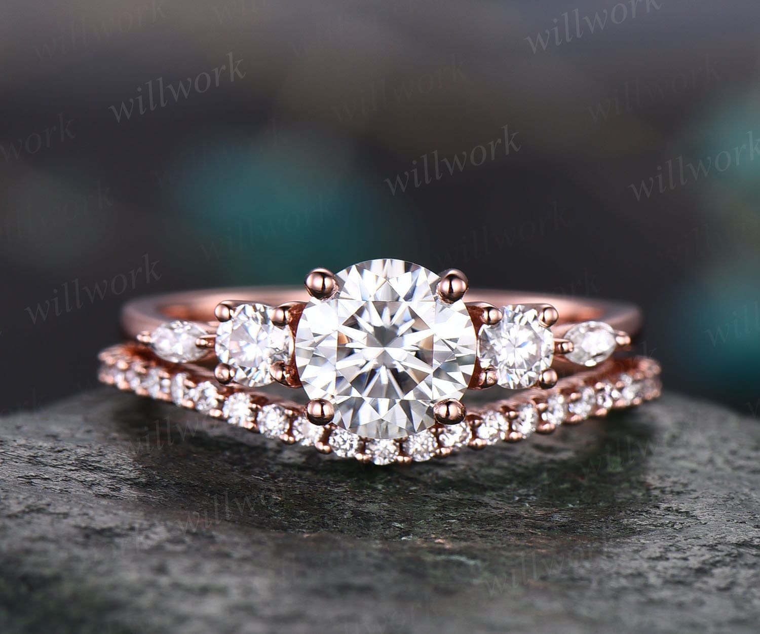 Rundschliff Moissanit Verlobungsring Set Art Deco Rosegold Ring Für Frauen Fünf Stein Halbe Ewigkeit Versprechen von willwork