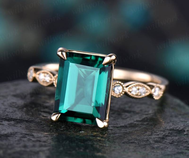 Smaragdschliff Smaragd Verlobungsring 14K Gelbgold Echter Diamant Ring Art-Deco-Smaragdring Gold Vintage-Hochzeit Frauen Versprechen Schmuck von willwork
