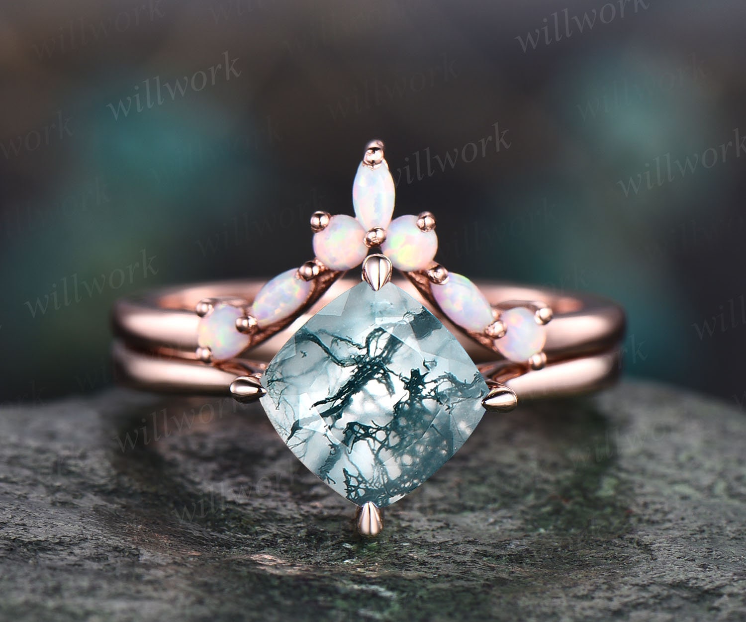 Solitär Kissen Geschnitten Moos Achat Verlobungsring Set Rose Gold Silber Art Deco Opal Ring Vintage Hochzeit Band Einzigartige Versprechen Geschenke von willwork