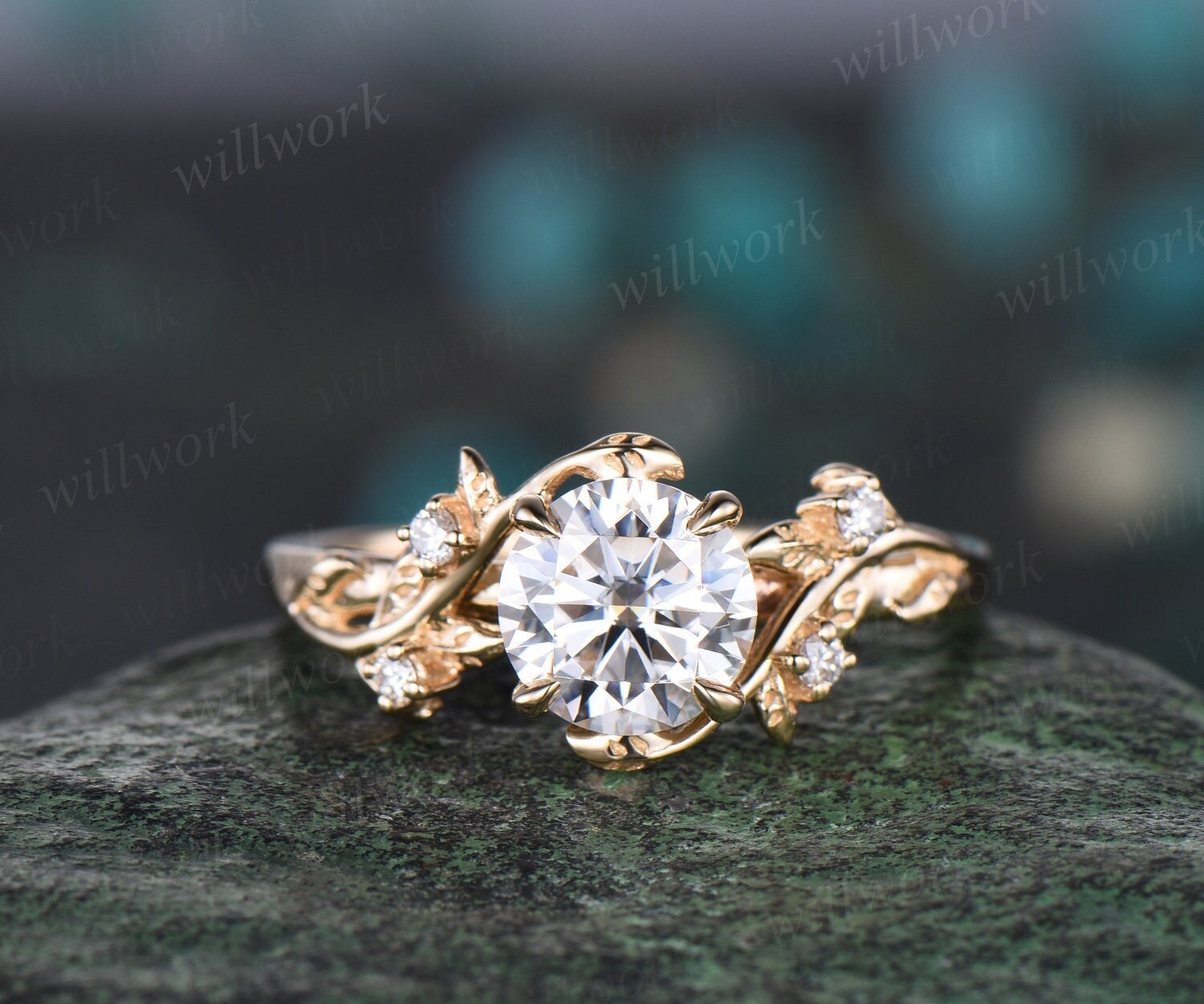 Vintage 1Ct Rundschliff Moissanit Verlobungsring Gelbgold Art-Deco Blatt Fünf Stein Diamant Jahrestag Versprechen Ehering Frauen Geschenk von willwork