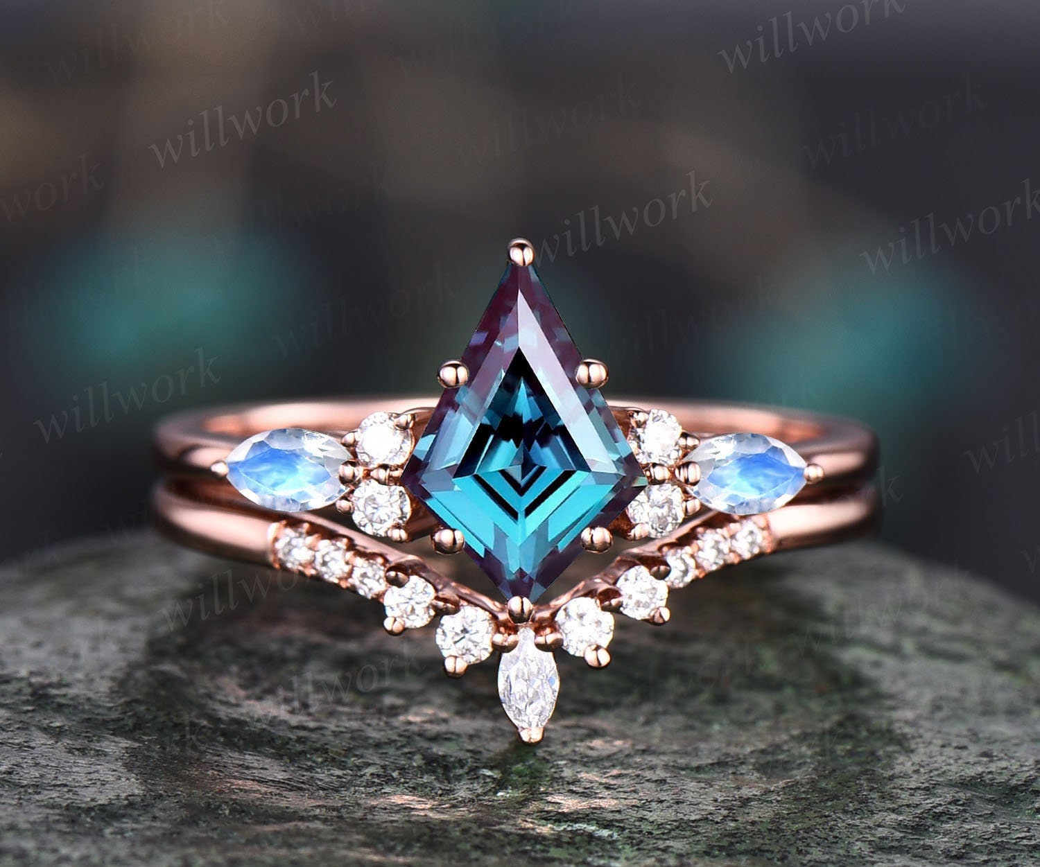 Vintage Alexandrit Verlobungsring Set Drachenschliff Ring Roségold Art Deco Marquiseschliff Mondsteinring Moissanite Ehering Für Damen von willwork