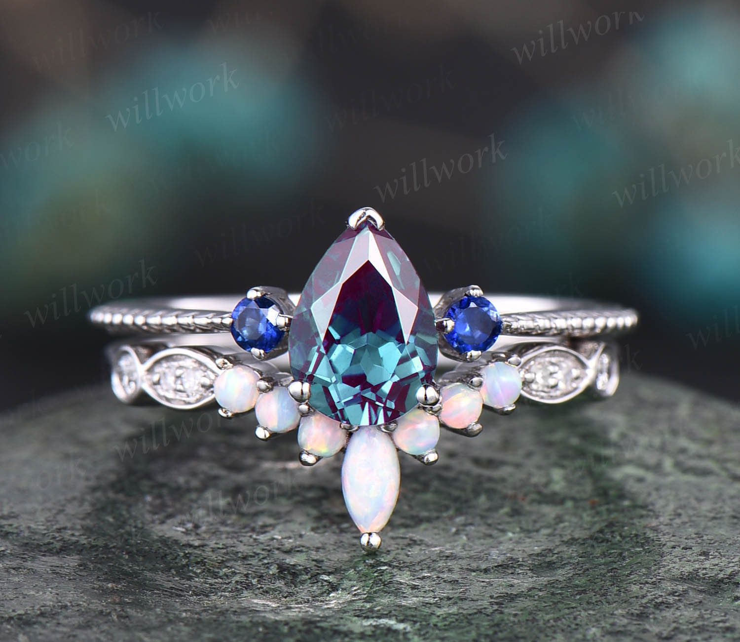 Vintage Alexandrit Verlobungsring Set Drei Stein Saphir Ring Art Deco Opal Gold Silber Moissanit Für Frauen Hochzeit von willwork