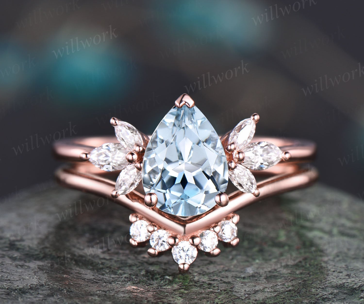 Vintage Aquamarin Braut Ring Set Birne Verlobungsring Art Deco Rosegold Unikat Moissanite Ehering Frauen Geschenk von willwork