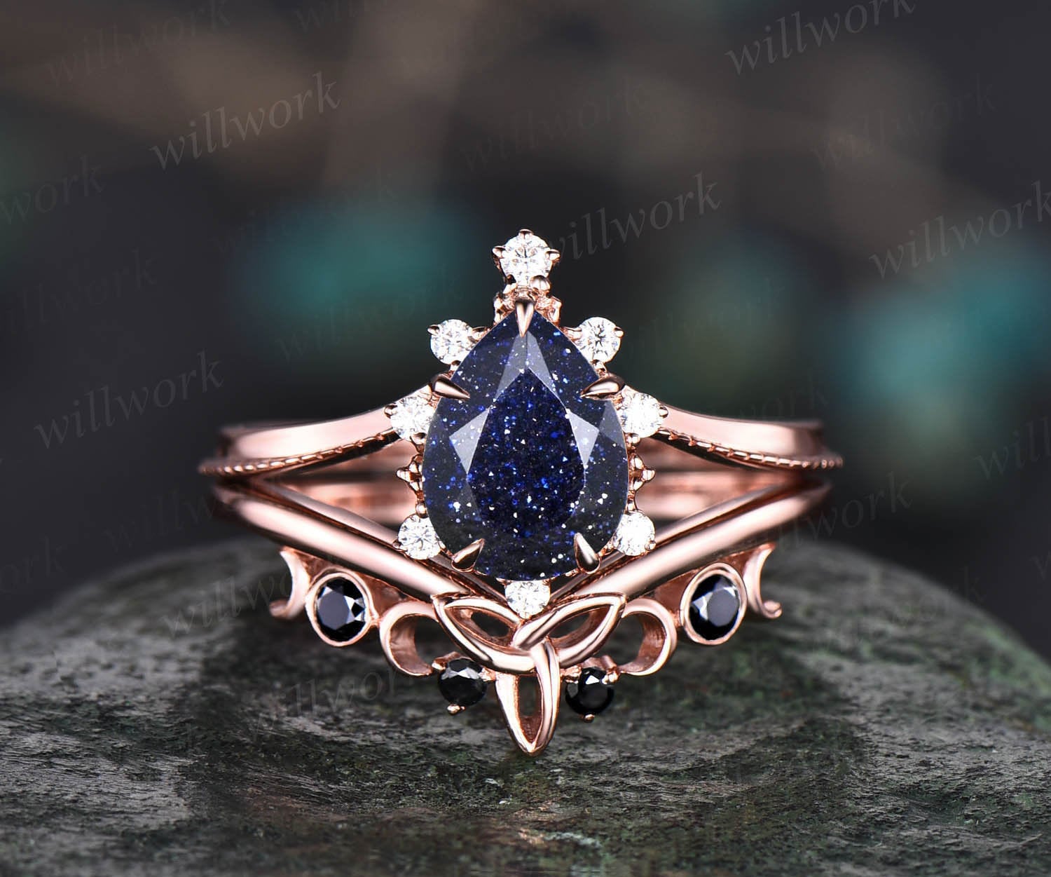 Vintage Birnenförmiger Blauer Sandstein Verlobungsring Set Roségold Cluster Moissanit Ring Schwarz Diamant Unikat Ehering Frauen von willwork