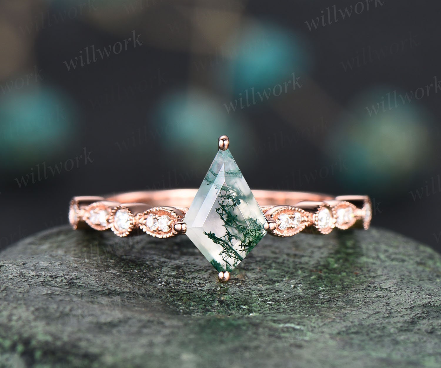 Vintage Grüner Moos Achat Verlobungsring 14K Roségold Kite Cut Ring Art Deco Milgrain Diamant Unikat Braut Ehering Für Frauen von willwork