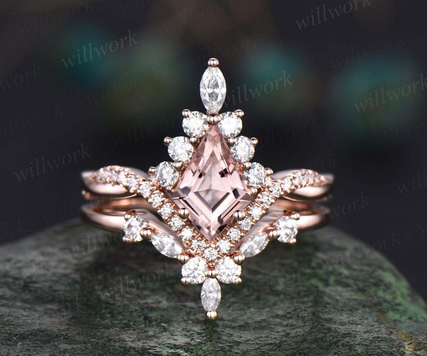 Vintage Kite Cut Rosa Morganit Ring Roségold Halo Unikat Verlobungsring Set Art Deco Geschwungen Gedreht Diamant Versprechen Ehering Frauen von willwork