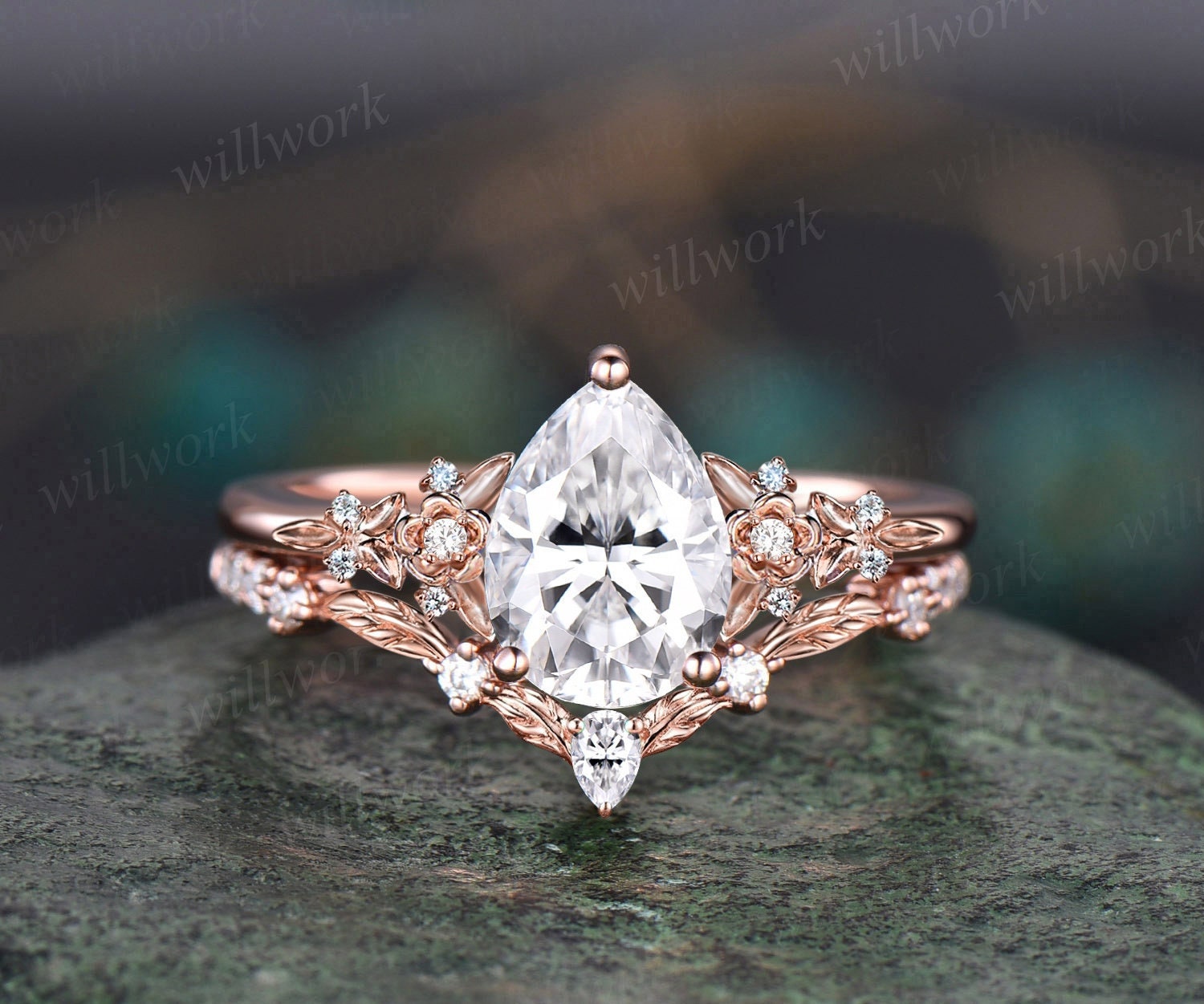 Vintage Moissanite Verlobungsring Roségold Blatt Blume Natur Inspiriert Ring Frauen Einzigartige Cluster Diamant Braut Ehering Set von willwork