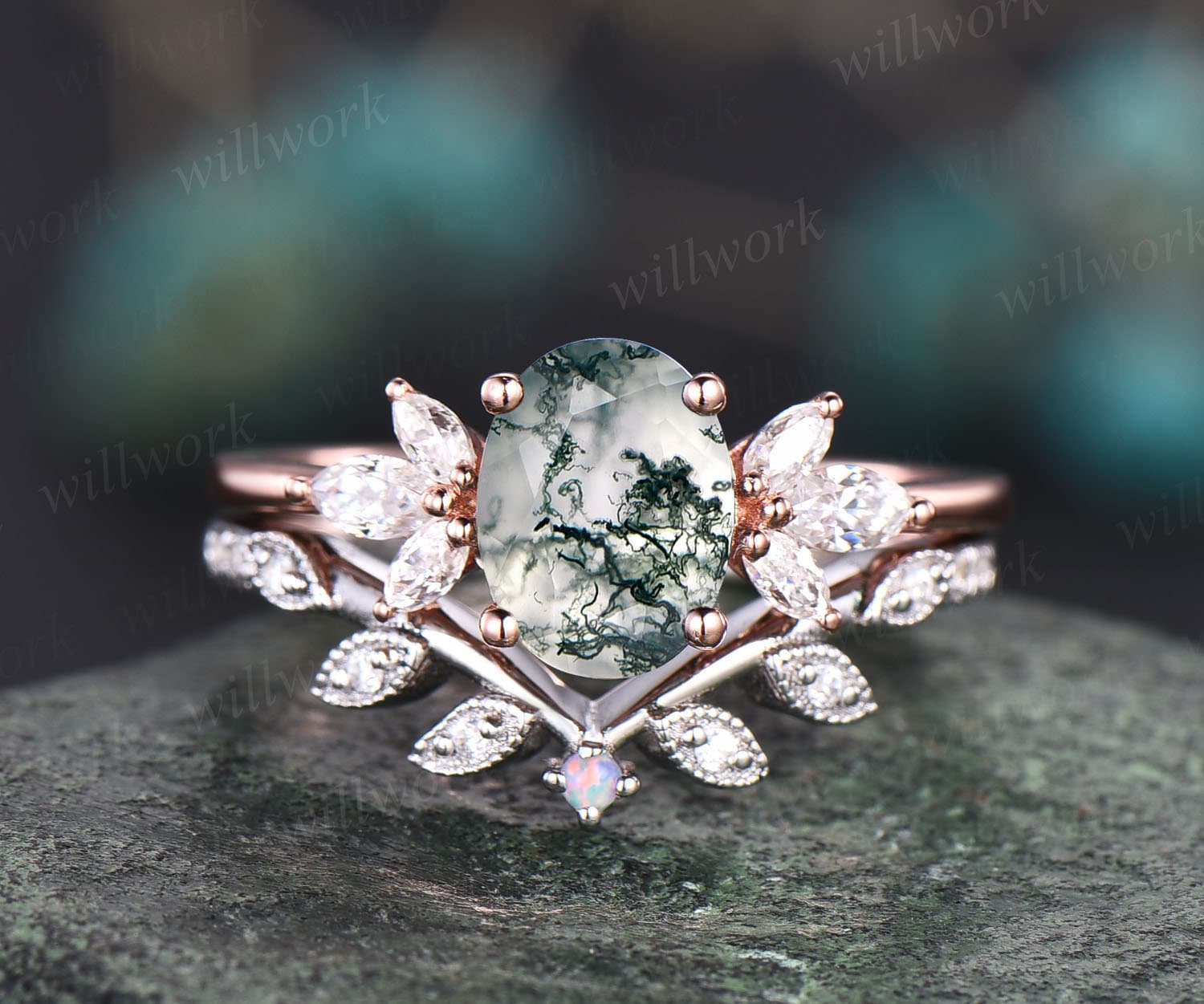 Vintage Ovaler Grüner Moos Achat Verlobungsring Set Rosegold Art Deco Blatt Blume Opal Ring Siver Moissanit Ehering Für Frauen von willwork