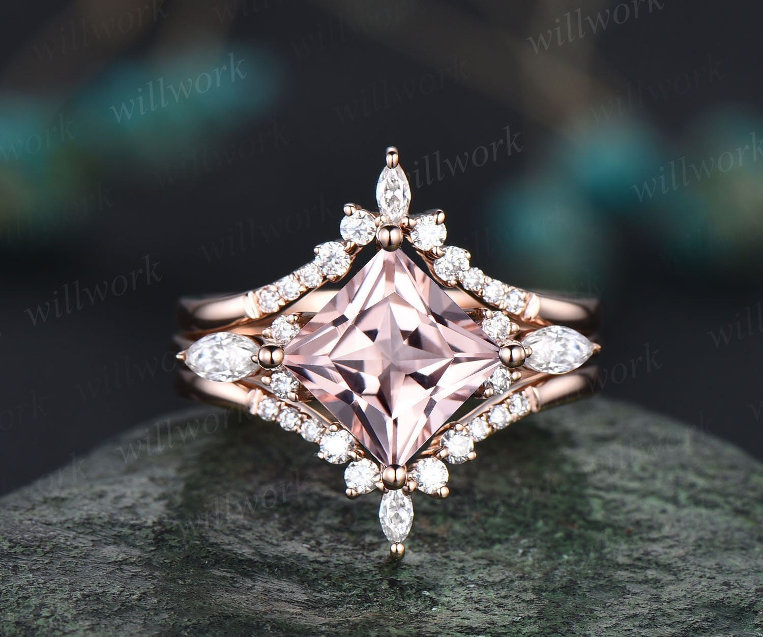 Vintage Prinzessin Cut Morganit Verlobungsring Set Rosegold Unikat Art Deco Moissanit Versprechen Ehering Für Frauen von willwork