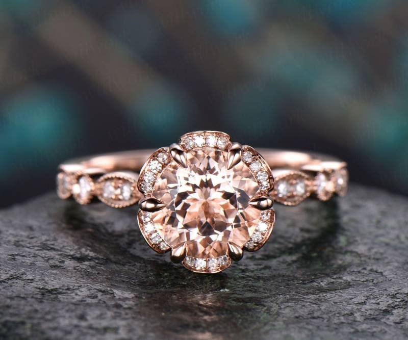 Vintage Rundschliff Morganit Verlobungsring 14K Rosegold Doppelt Unter Halo Diamant Ring Halbe Ewigkeit Art Deco Unikat Ehering Frauen von willwork