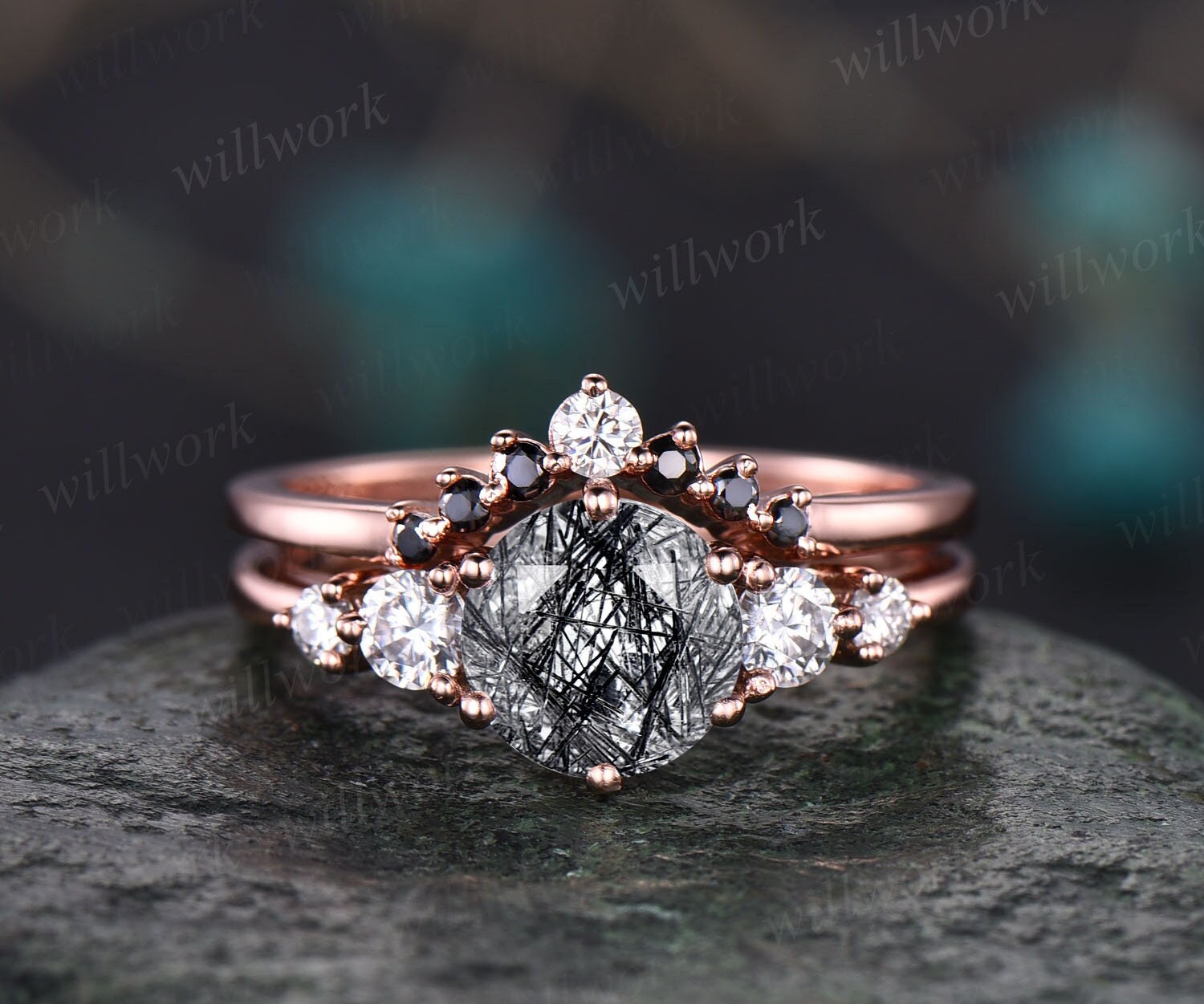 Vintage Schwarze Rutilquarz Verlobungsring Fünf Steine Roségold Ring Frauen Diamant Set Stapelring Versprechen von willwork