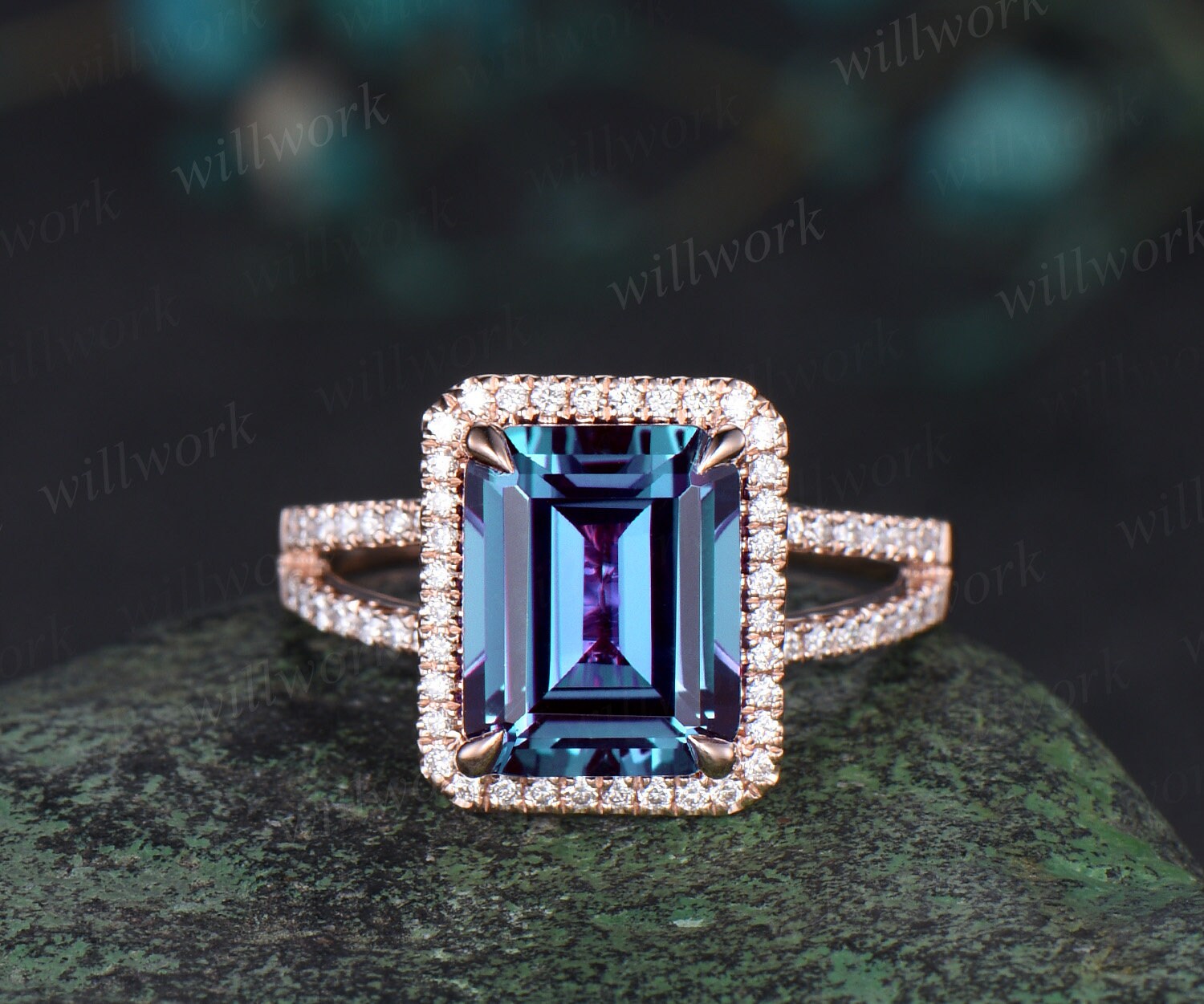 Vintage Smaragdschliff Alexandrit Verlobungsring 14K Roségold Halb Ewigkeit Halo Split Shank Diamant Ring Für Frauen Versprechen Brautring Geschenk von willwork