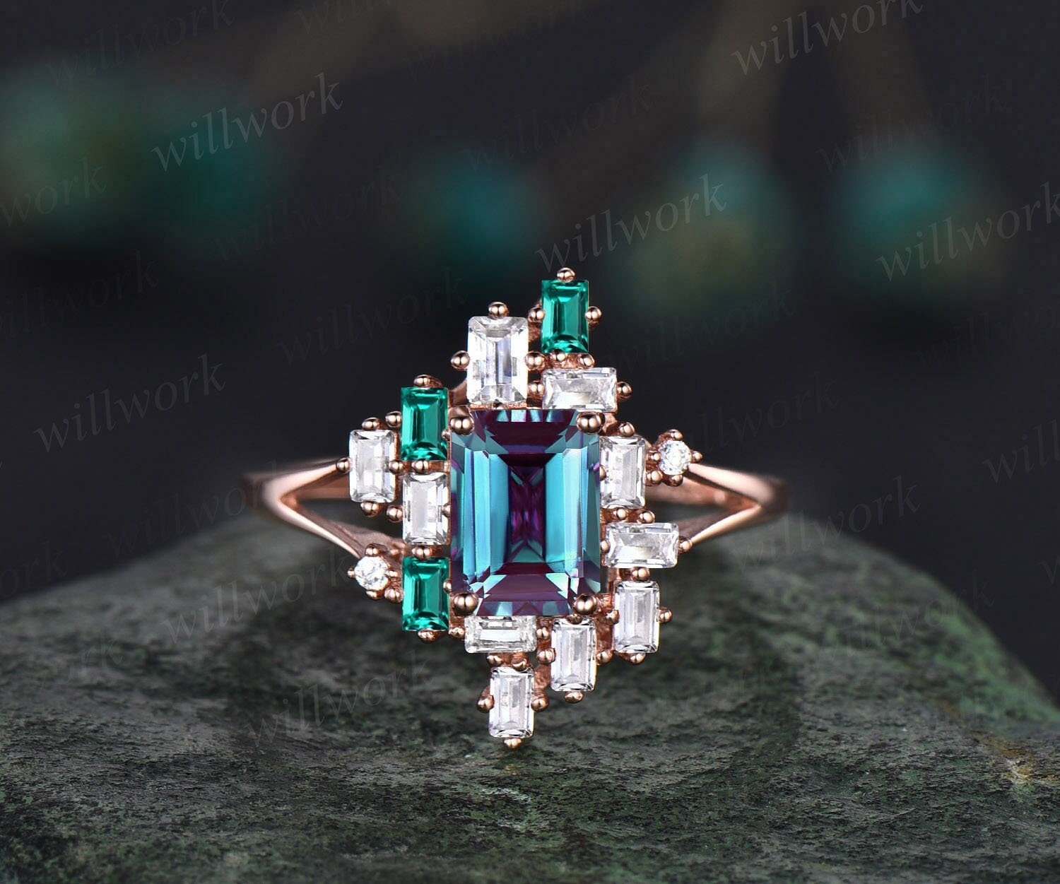 Vintage Smaragdschliff Alexandrit Verlobungsring 14K Rotgold Baguetteschliff Smaragdring Frauen Cluster Moissanite Hochzeit Jahrestag Ring von willwork