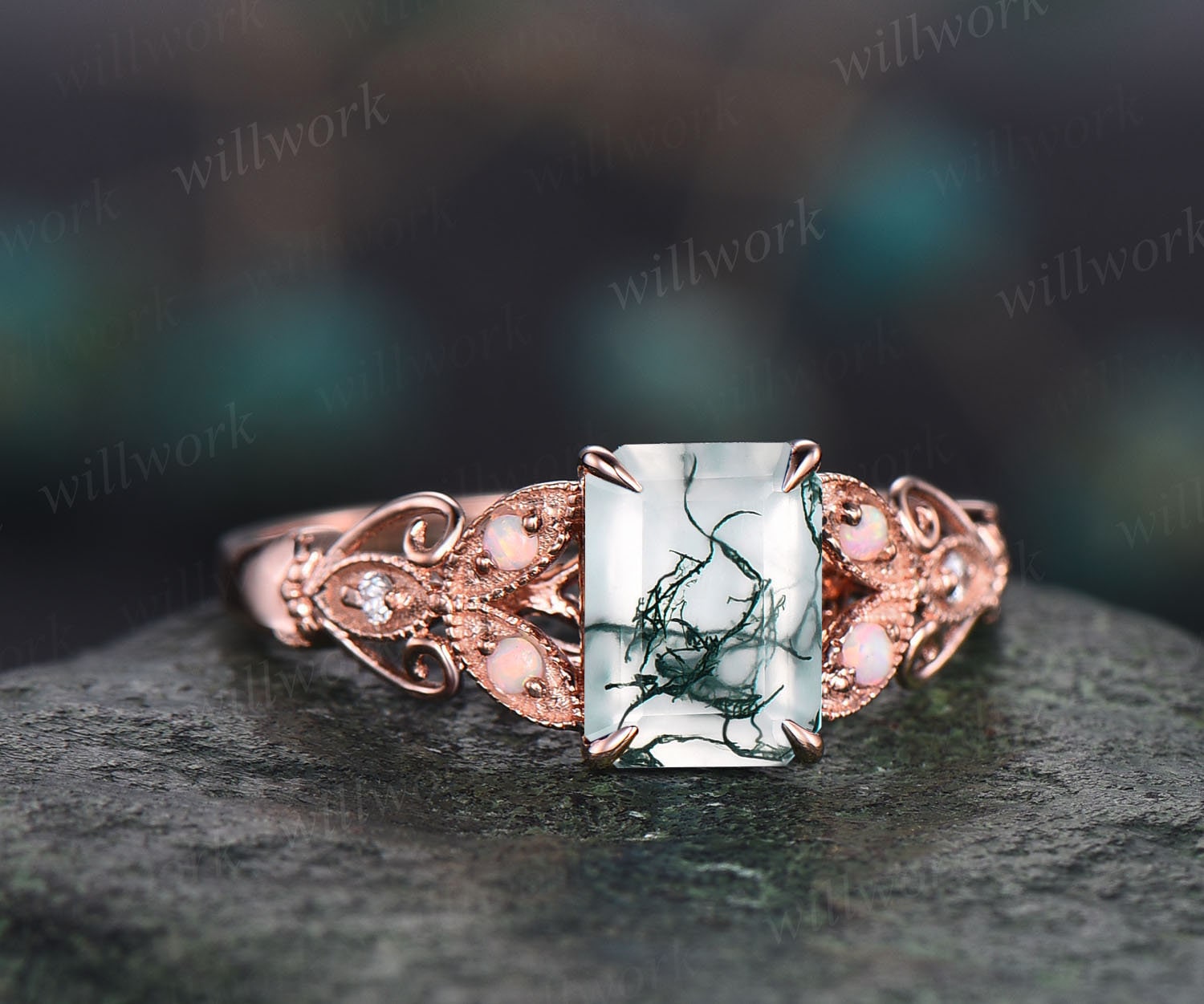 Vintage Smaragdschliff Grüner Moos Achat Verlobungsring 14K Rose Gold Schmetterling Blume Milgrain Opal Diamant Ring Unikat Ehering Für Frauen von willwork