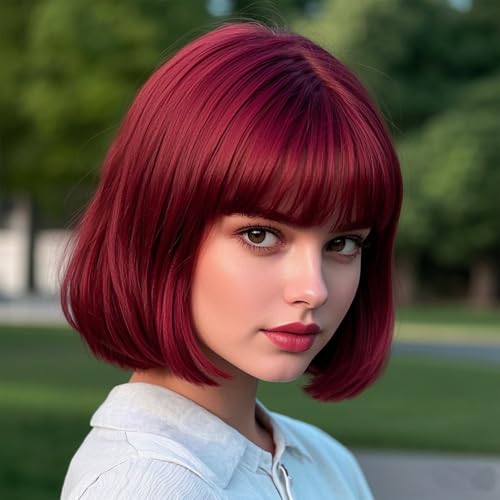 winacdkil Bob Rote Perücke mit Pony, 30,5 cm, natürlich, modisch, für Frauen, schöne synthetische Farbe, Perücke für Party, Alltag, Halloween (chinesisch/rot) von winacdkil
