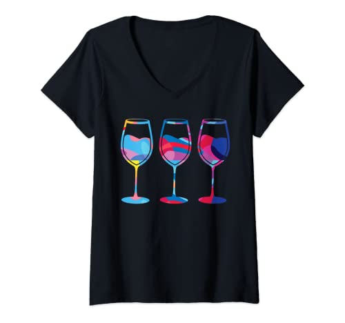 Damen 3 Weingläser Silhouetten Weingläser bunte Grafik T-Shirt mit V-Ausschnitt Damen 3 Weingläser Silhouetten Weingläser bunte Grafik T-Shirt mit V-Ausschnitt von wine wine Glass Gifts