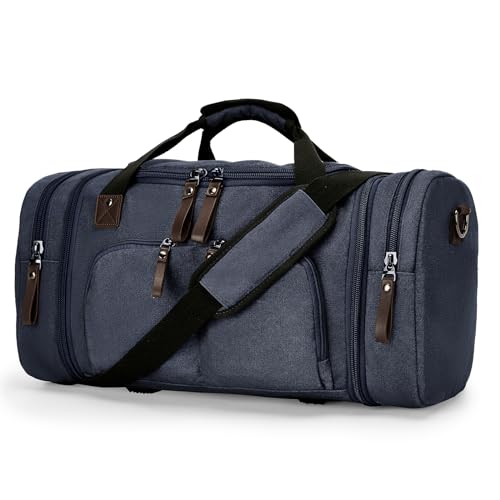 Canvas Reisetasche Groß, Sporttasche Weekender Herren Damen Mit Trolleyhülle Nassfach Handgepäck Tasche Erweiterbar, Travel Duffle Bag Gym Sport Camping Tasche, Saphirblau von winspansy