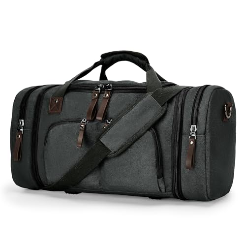 Canvas Reisetasche Groß, Sporttasche Weekender Herren Damen Mit Trolleyhülle Nassfach Handgepäck Tasche Erweiterbar, Travel Duffle Bag Gym Sport Camping Tasche, Schwarz von winspansy