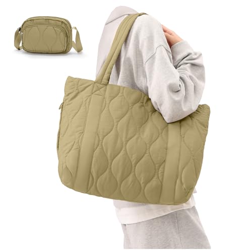 Handtasche Damen Groß, Puffy Tote Shopper Tasche Puffer Bag Tragetasche Taschen Stoffbeutel Strandtasche Beuteltasche Schultertasche Damen Umhängetasche Gross Mit Reißverschluss Handbag Khaki von winspansy