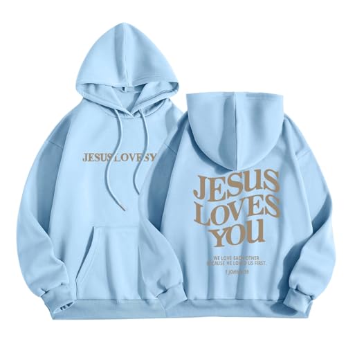 winwintom 2023 Jesus Loves You Hoodie Damen Kapuzenpullover Oversize Pullover Sweatshirt Freizeit Sport Langarmshirt Hoodies Training Pulli Streetwear (Light Blue, M) von winwintom