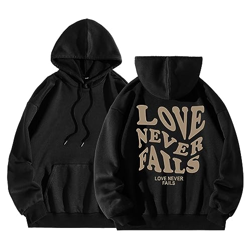 winwintom 2023 Love Never Fails Hoodie Damen Kapuzenpullover Oversize Pullover Buchstabe Gedruckt Sweatshirt Freizeit Sport Langarmshirt Hoodies Training Pulli Streetwear von winwintom