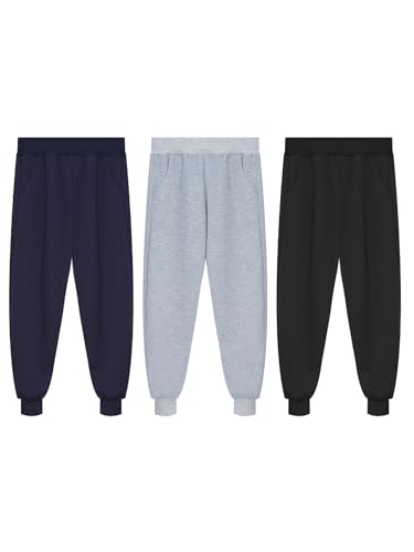 winying 3er Pack Jogginghose Jungen Kinder Lang Sweathose mit Taschen Einfarbig Jogger Pants Hose Schwarz & Grau & Navy Blau 122-128 von winying
