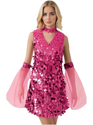 winying 70er Jahre Discokostüm für Damen Neckholder Ärmellos Minikleid mit abnehmbarem Mesh-Schlagarm Pailletten Partykleid Hot Pink L von winying