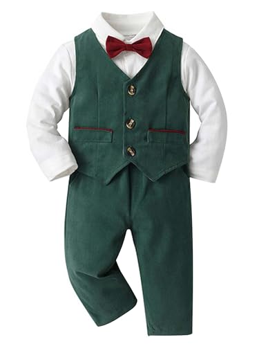 winying Baby Jungen Anzug Gentleman Outfit Langarm Fliege Hemd + Weste + Hose Kleinkinder Festlich Bekleidungsset Taufanzug Hochzeitanzug Festanzug Armeegrün AJ 62-68 von winying