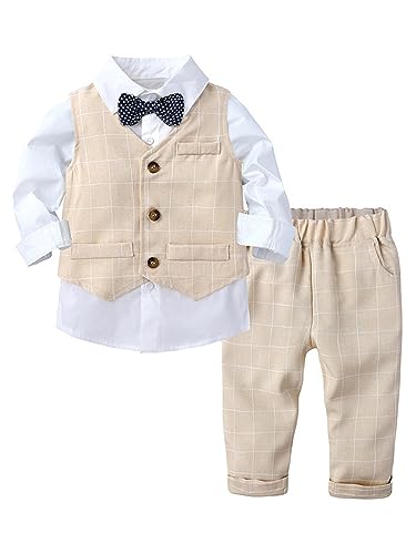 winying Baby Jungen Anzug Gentleman Outfit Langarm Fliege Hemd + Weste + Hose Kleinkinder Festlich Bekleidungsset Taufanzug Hochzeitanzug Festanzug Beige E 80-86 von winying