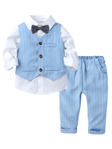 winying Baby Jungen Anzug Gentleman Outfit Langarm Fliege Hemd + Weste + Hose Kleinkinder Festlich Bekleidungsset Taufanzug Hochzeitanzug Festanzug Blau EE 86-92 von winying