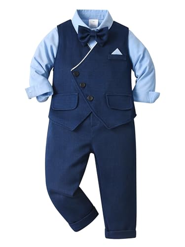 winying Baby Jungen Anzug Gentleman Outfit Langarm Fliege Hemd + Weste + Hose Kleinkinder Festlich Bekleidungsset Taufanzug Hochzeitanzug Festanzug Blau Q 104-110 von winying