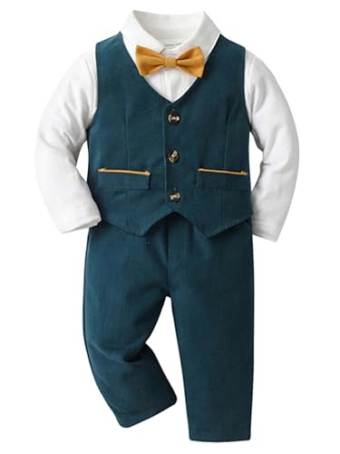 winying Baby Jungen Anzug Gentleman Outfit Langarm Fliege Hemd + Weste + Hose Kleinkinder Festlich Bekleidungsset Taufanzug Hochzeitanzug Festanzug Dunkelgrün AJ 68-74 von winying