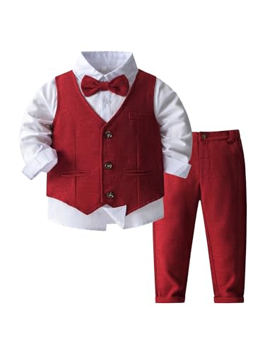 winying Baby Jungen Anzug Gentleman Outfit Langarm Fliege Hemd + Weste + Hose Kleinkinder Festlich Bekleidungsset Taufanzug Hochzeitanzug Festanzug Dunkelrot HH 80-86 von winying